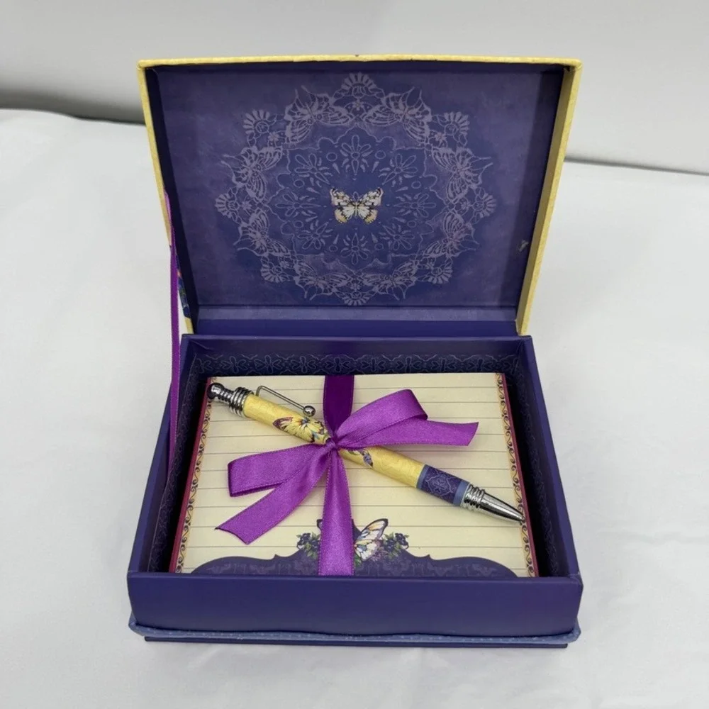 Pictura Stationery Set Butterfly Floral Purple Blue Keepsake Box w/ Pen NEW